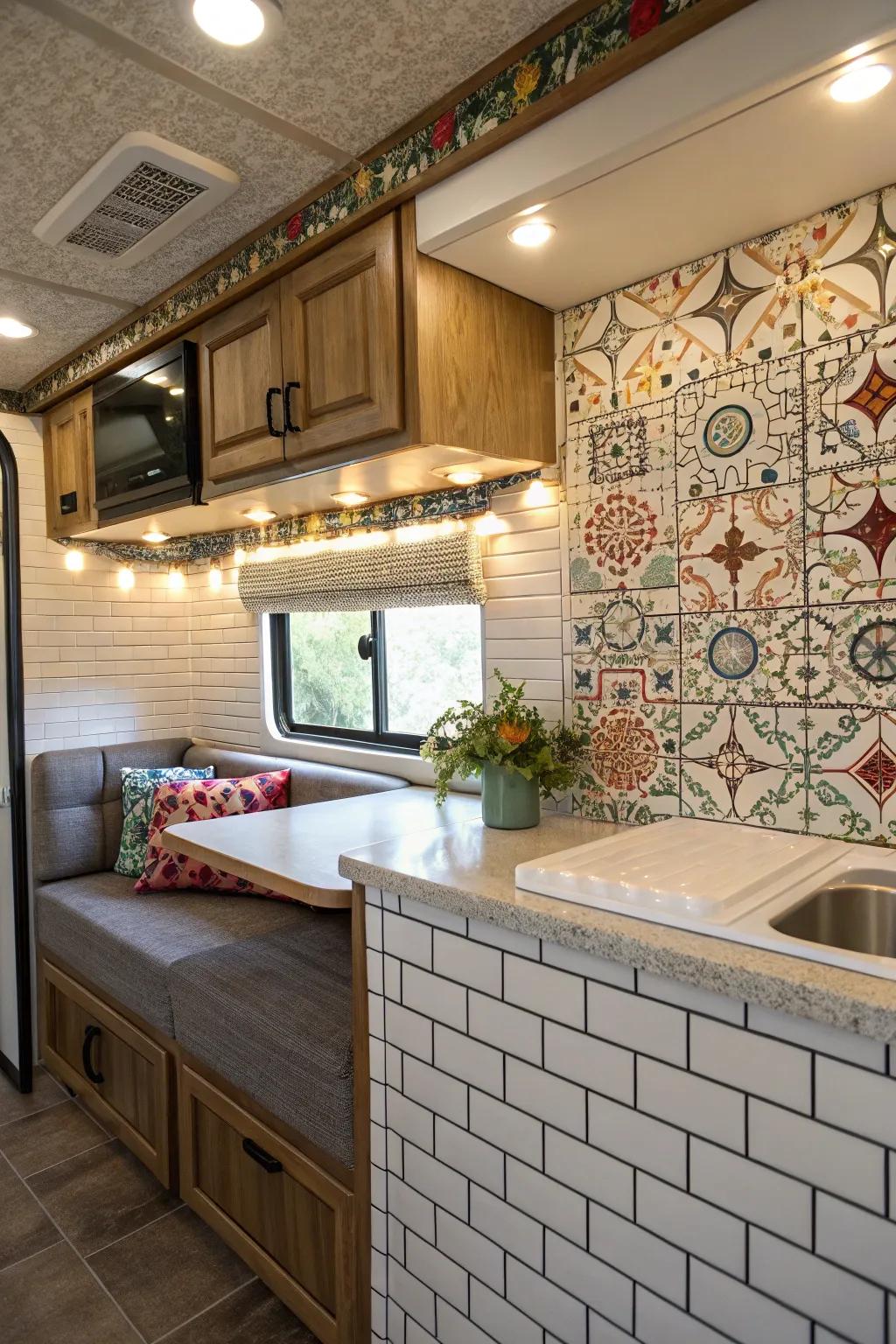 Surface variations introduce depth and visual intrigue to the interior of this RV.