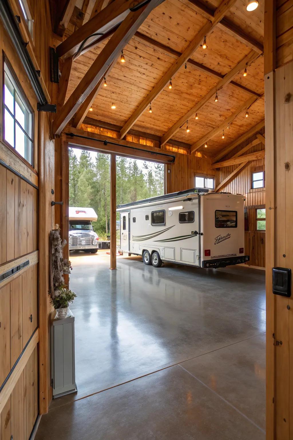 Country styling with salvaged wood and raw shades in an RV garage.