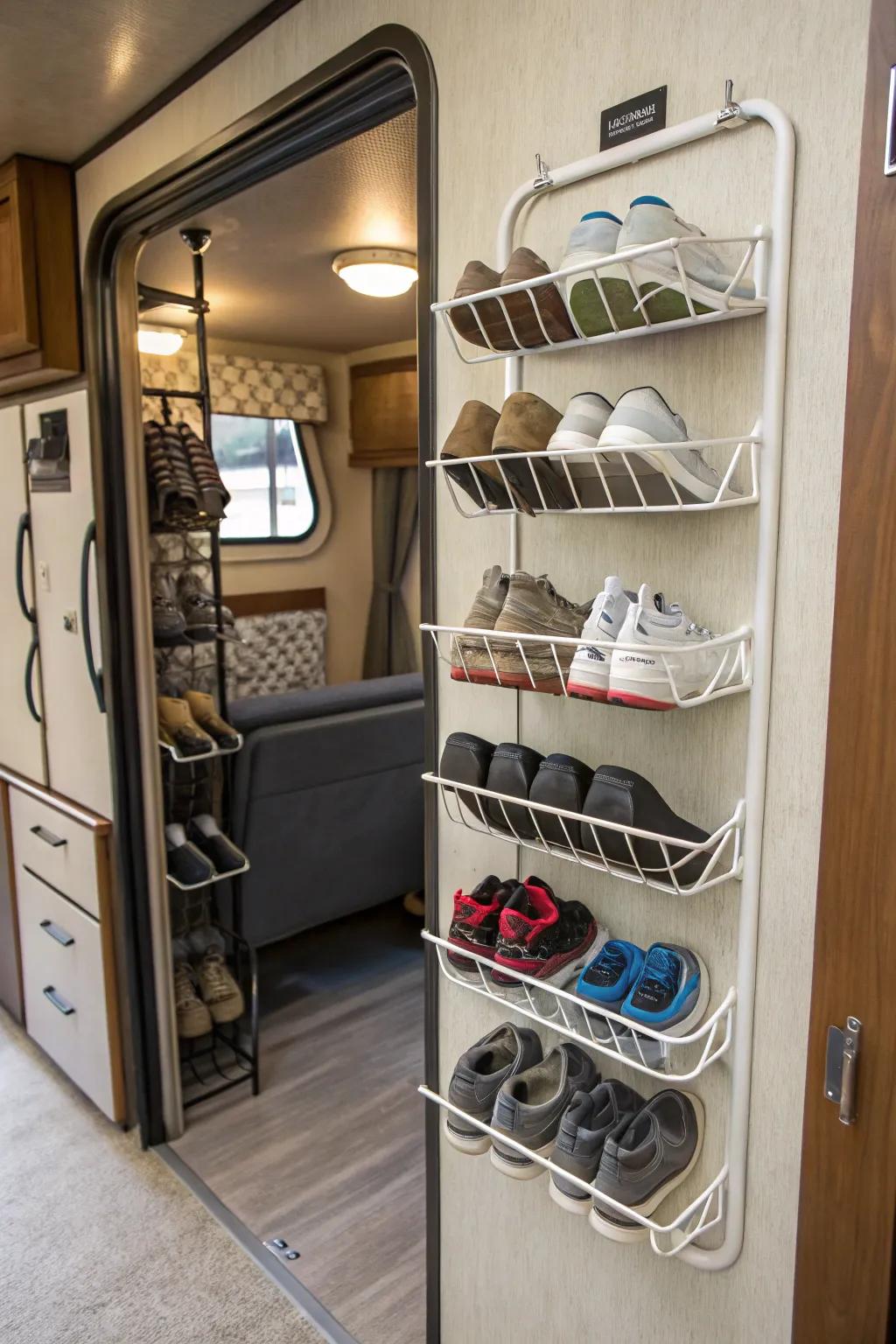 Wall-affixed wire containers provide a stylish way to store shoes.