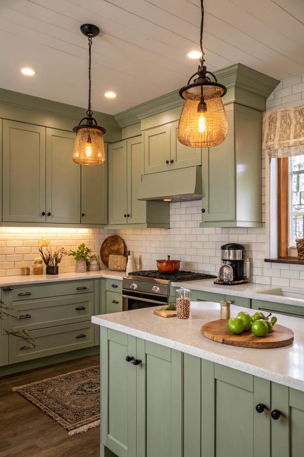 Tender hanging lights accentuating the sage green tones.