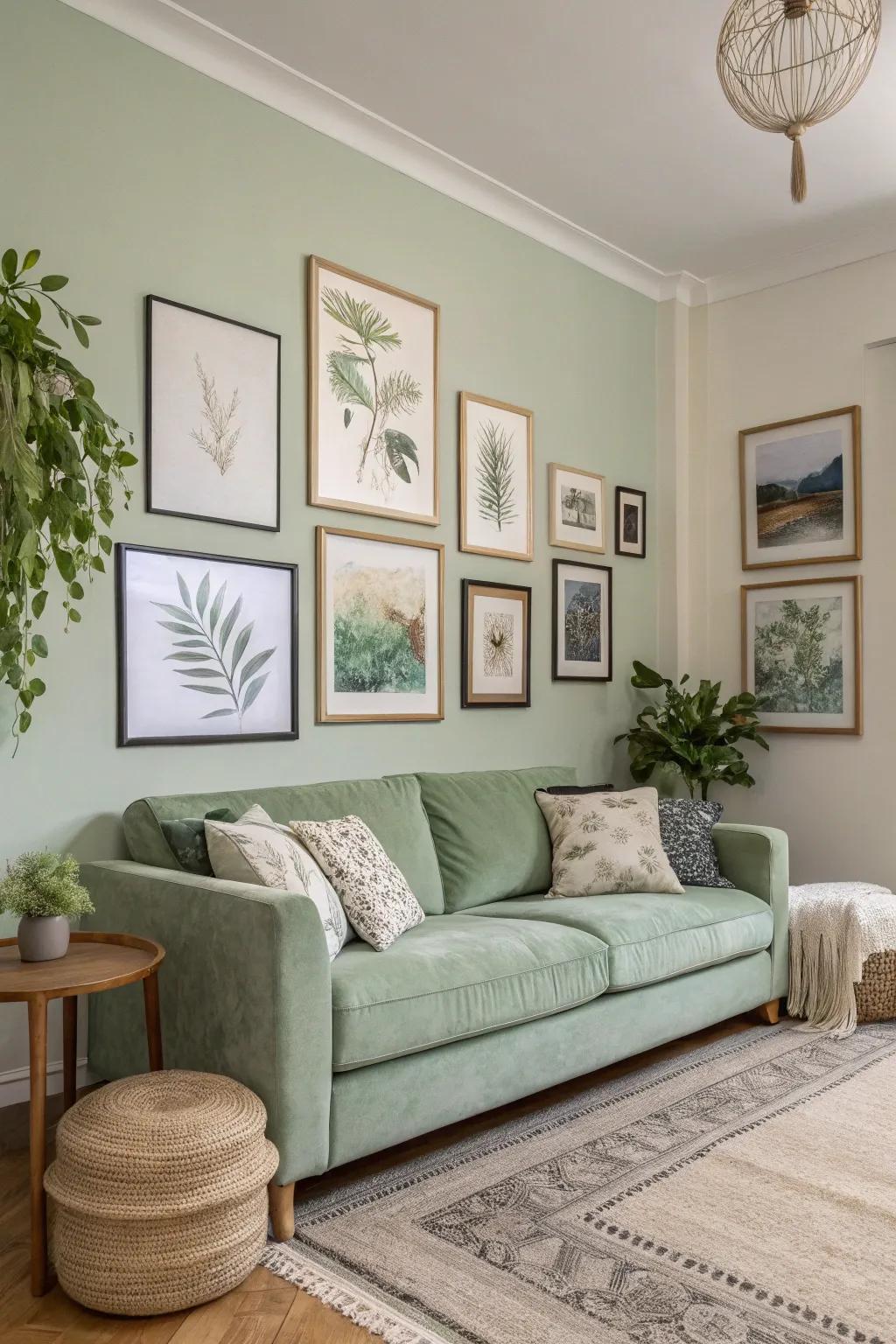 Wall decor contributes personality and richness to a sage green living space.