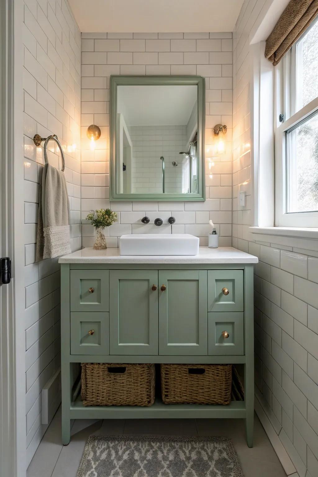 A small bathroom with a sage green vanity, accompanied by light-colored accents.