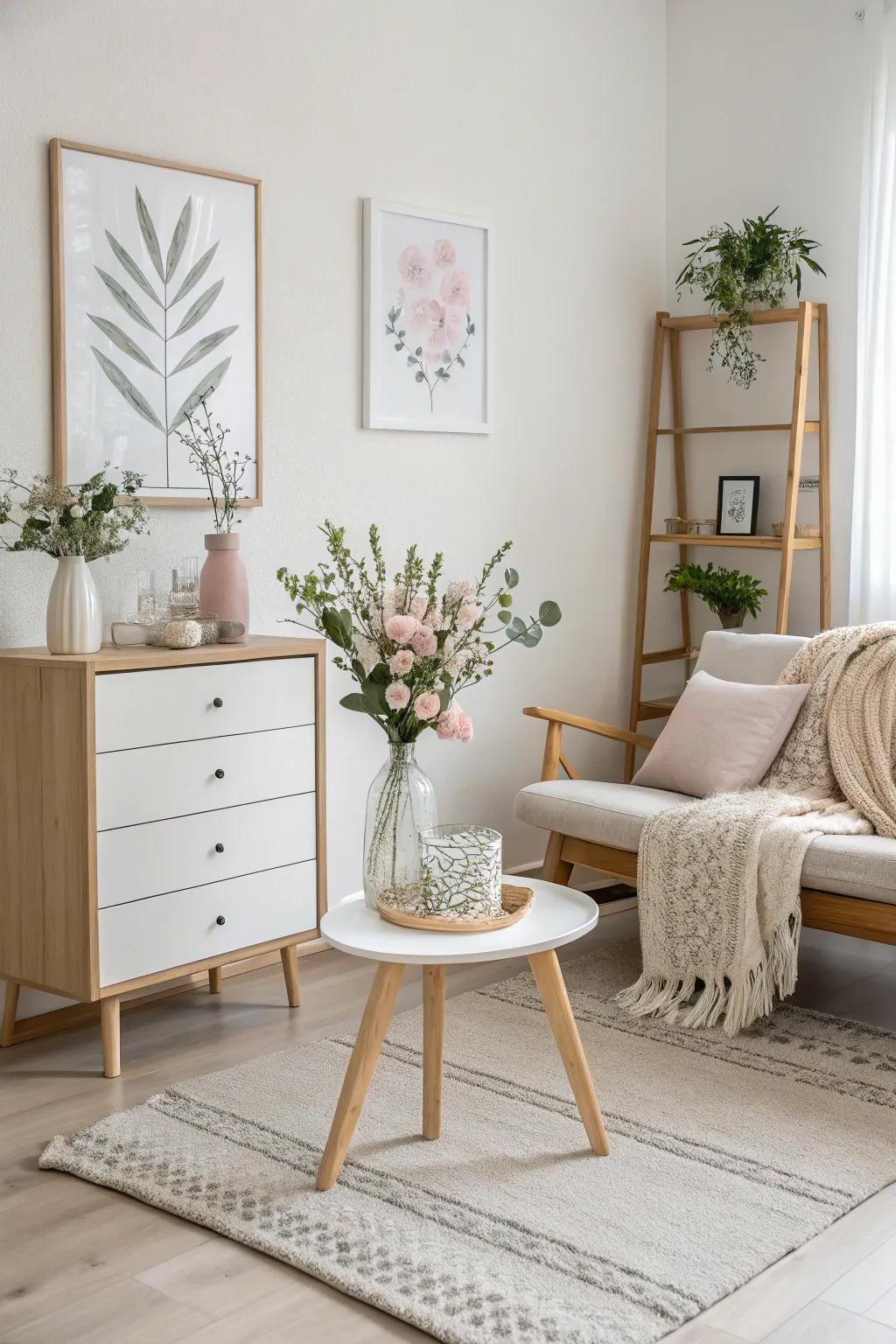 Sparse embellishments enhance the calm of this Scandinavian room.
