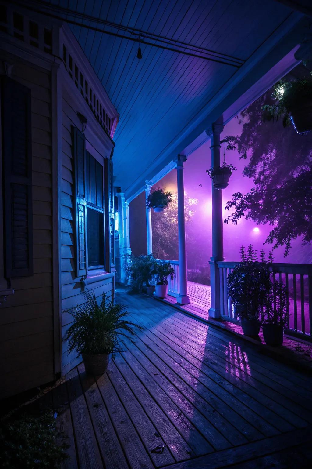 Somber lighting establishes a chilling atmosphere on this Halloween veranda.