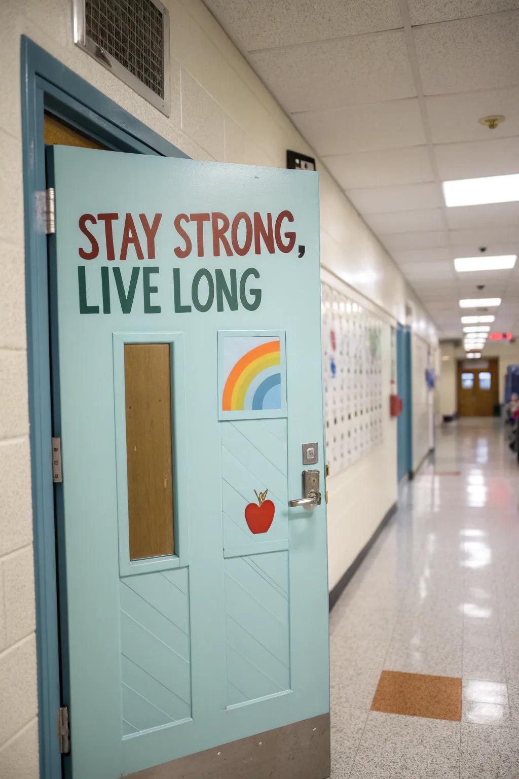 An inspirational door featuring uplifting phrases to boost morale.