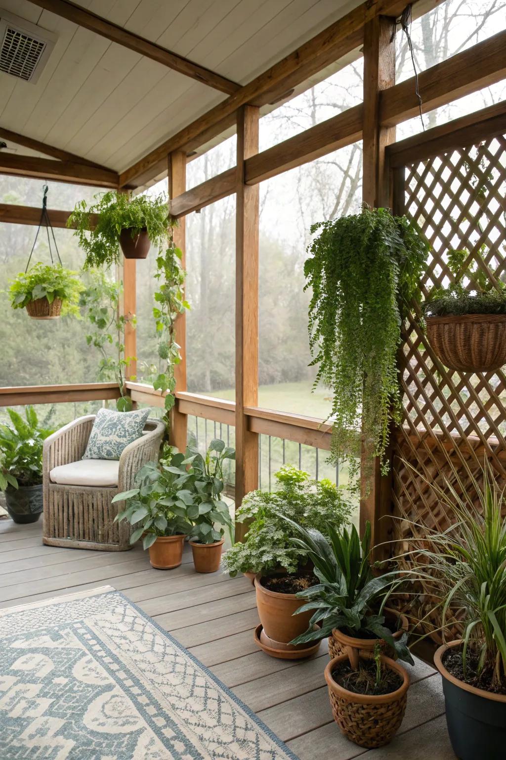 Rich greenery brings vibrancy to the screened porch.