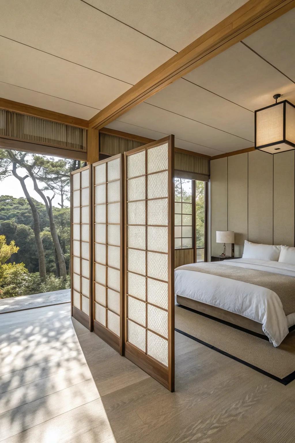A simple screen wall instills tranquility into the bedroom.