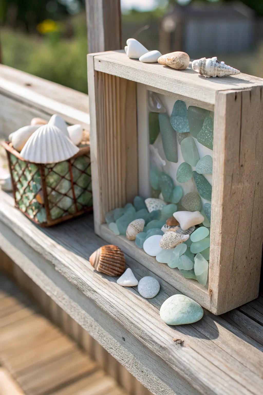 Sea glass shadow boxes capture and display treasured memories.