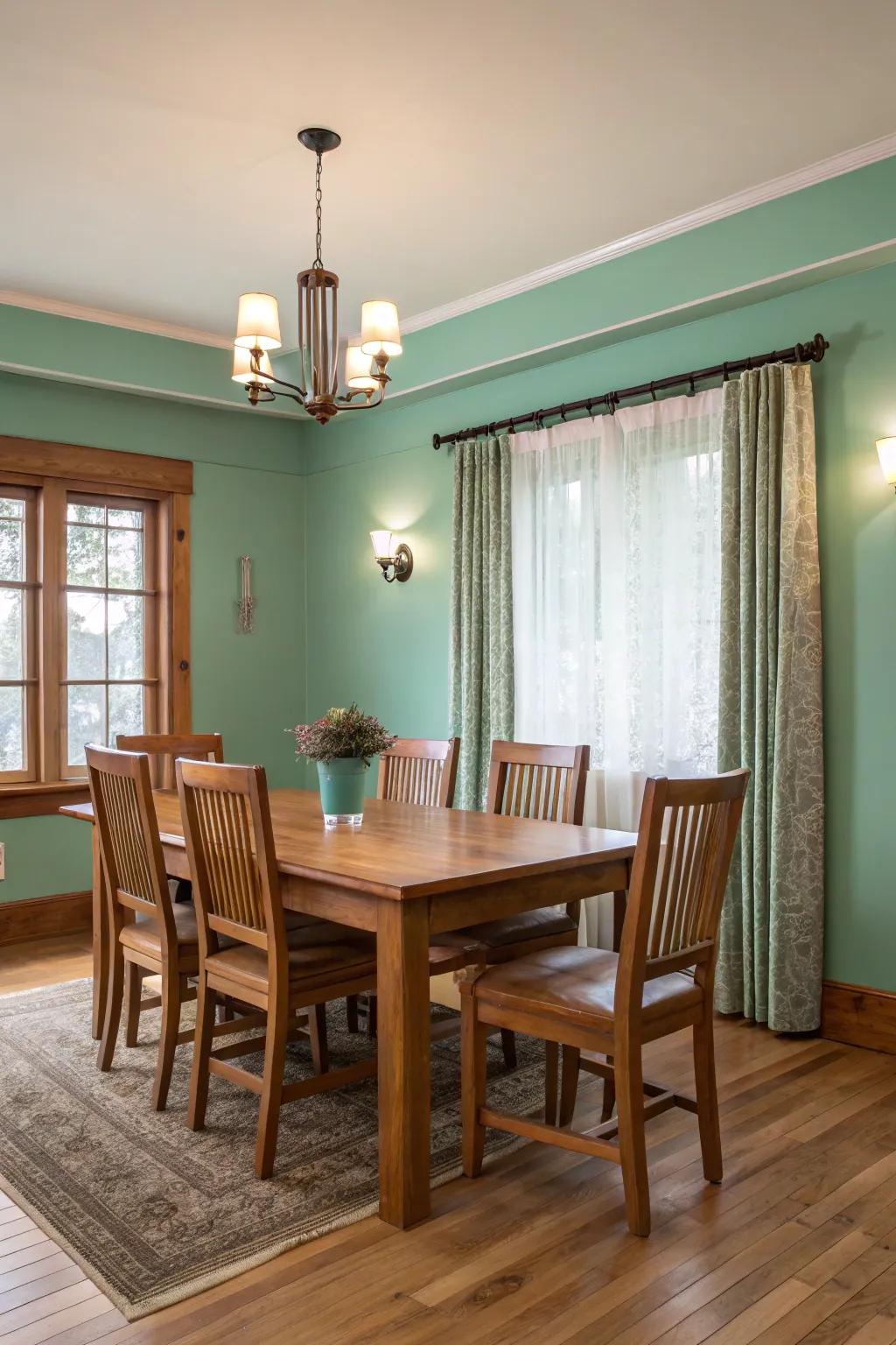 A sophisticated dining room with seafoam green walls and elegant furnishings.