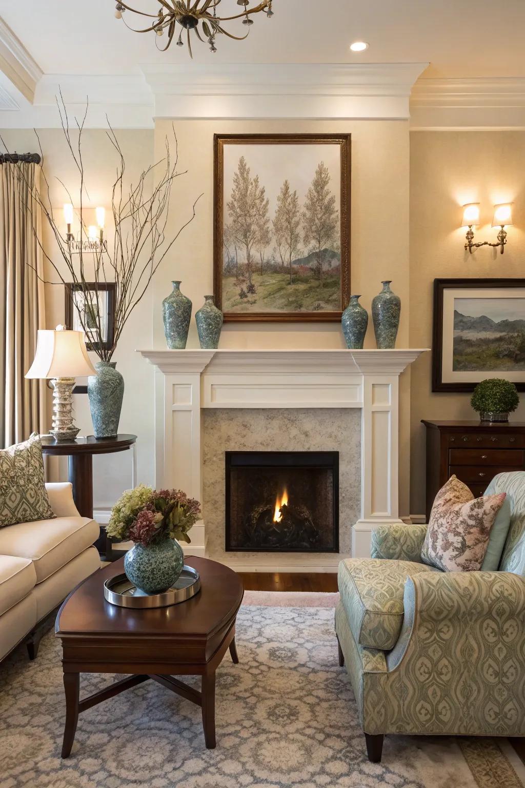 Ornamental mantel accents raise the visual charm of the fireplace.