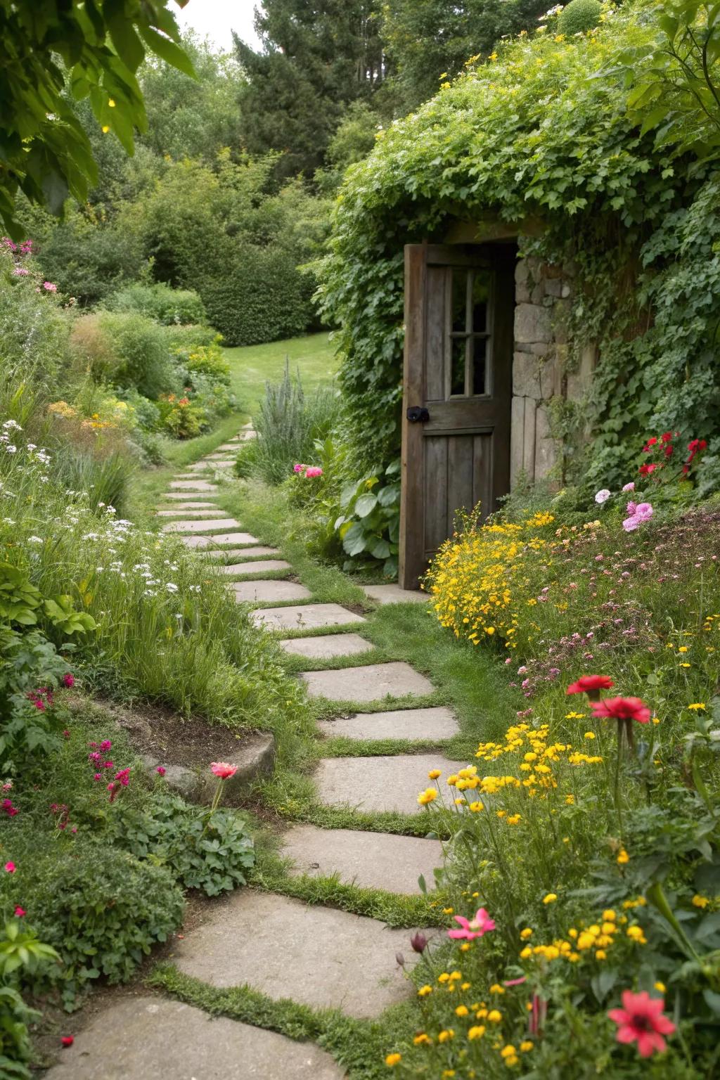 A whimsical trail beckons you to discover the hidden garden afar.