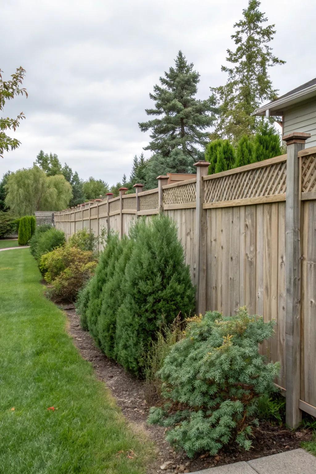 The earthy charm of cedar imparts warmth and individuality to this partially private fence.