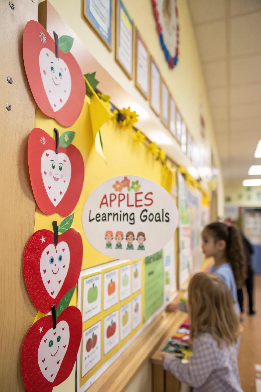 An apple orchard bulletin board brimming with educational components.