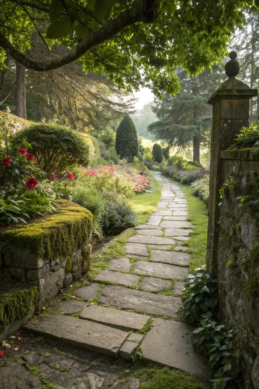 Stone walkways instill framework and allure into garden spaces.