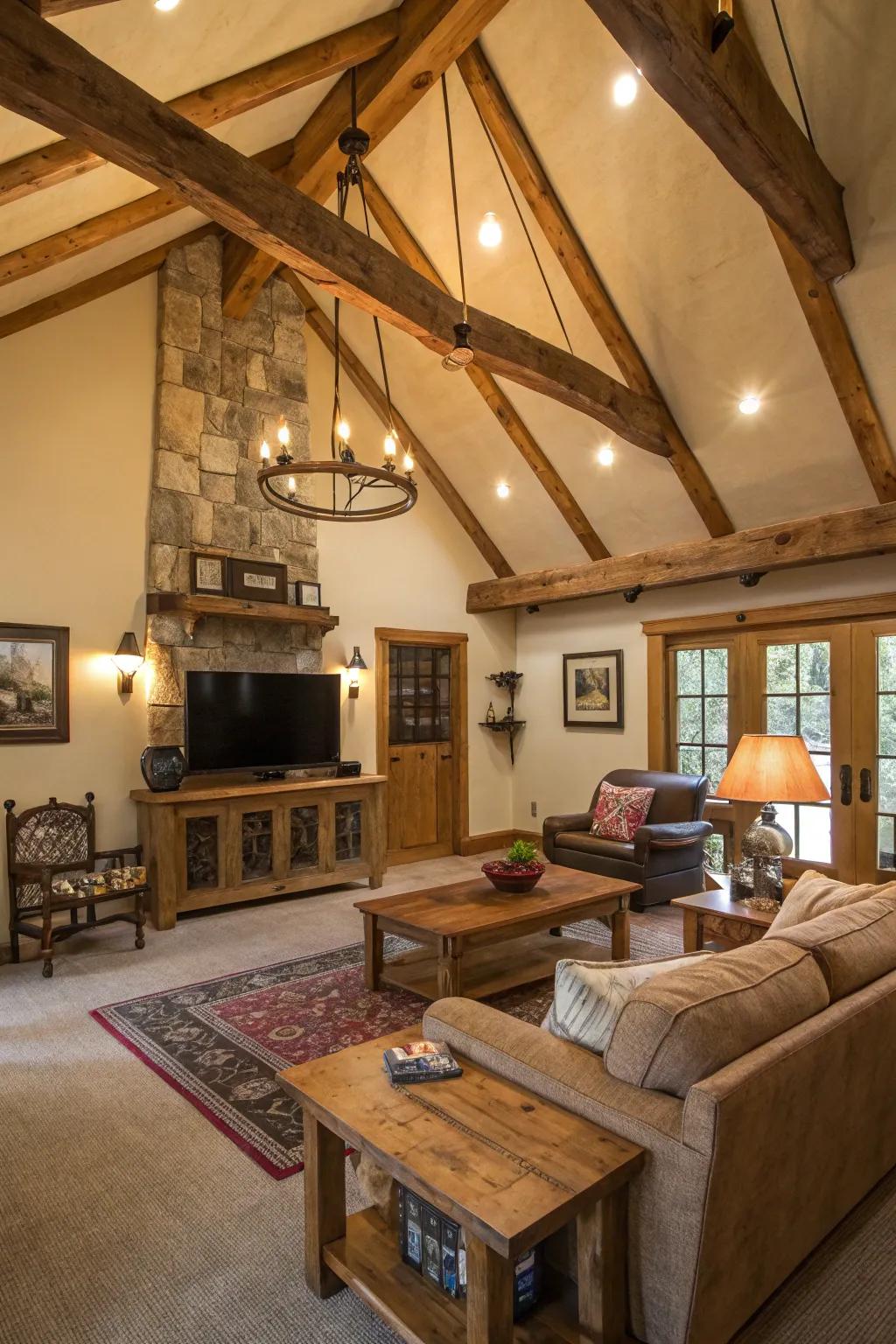 A rustic living room where exposed support beams contribute character.