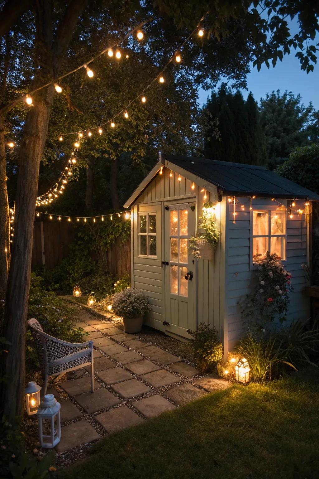 A yard outbuilding sparkling with imaginative illumination for a captivating ambiance.