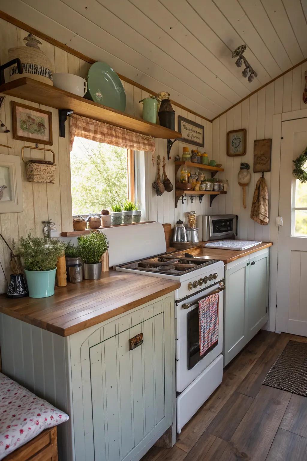 A streamlined shed dwelling culinary space featuring vintage elements.
