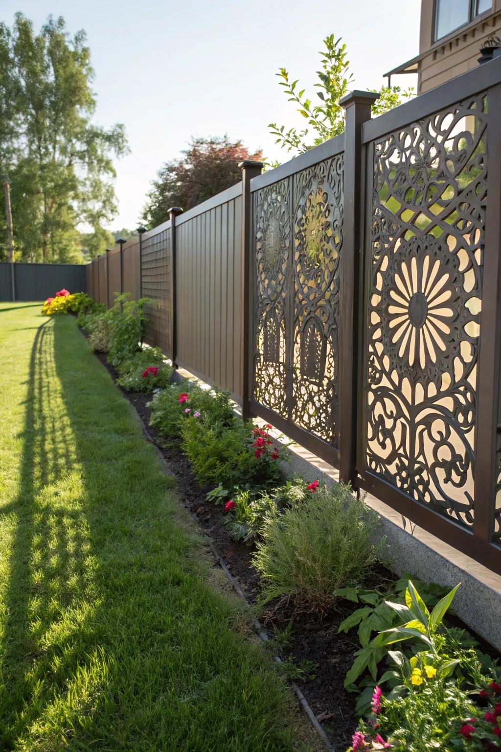 Laser-etched patterns transform a fence into an artistic statement.