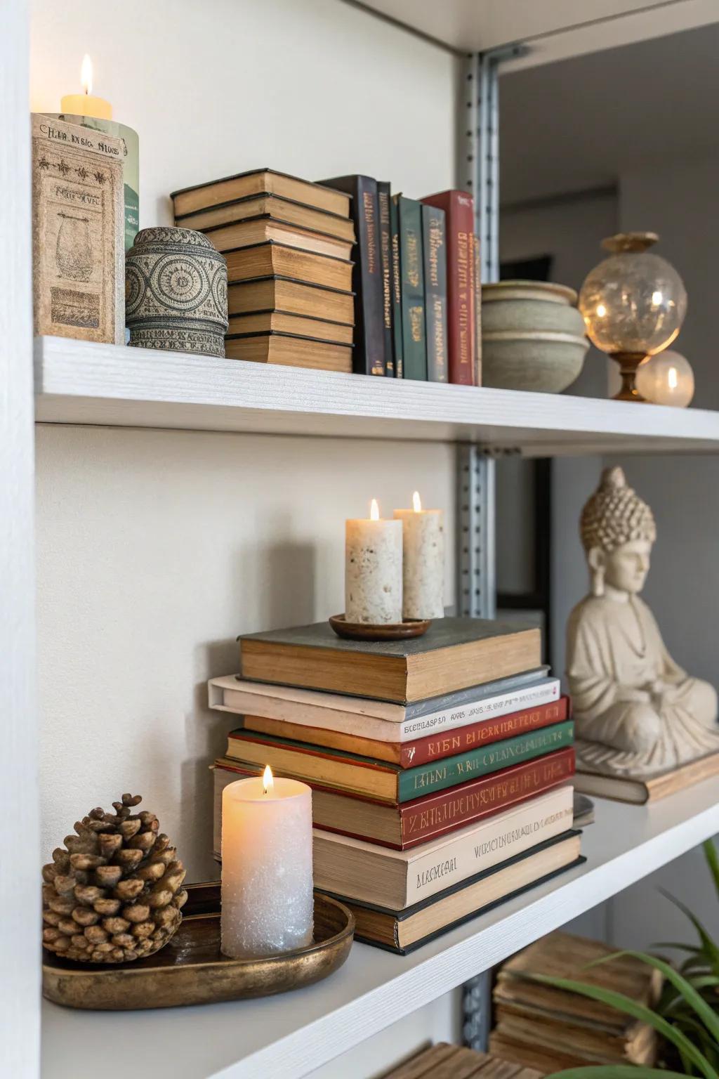 Tiered books incorporating carvings and radiant pillars contribute magnitude to shelves.