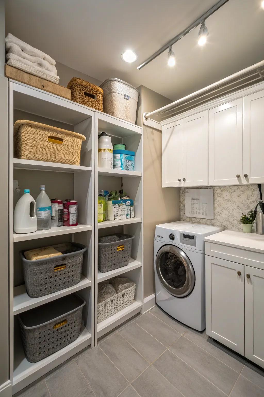 Corner shelving makes the most of tight spaces while keeping items organized.