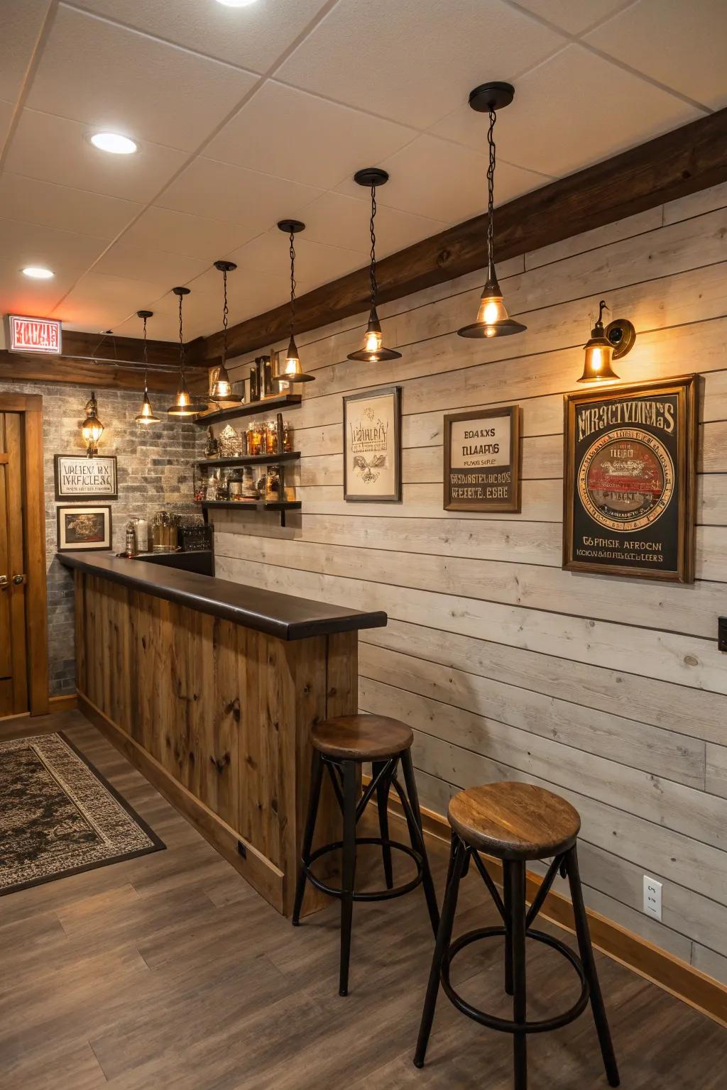 A rustic board and batten bar area in the basement, perfect for social gatherings.