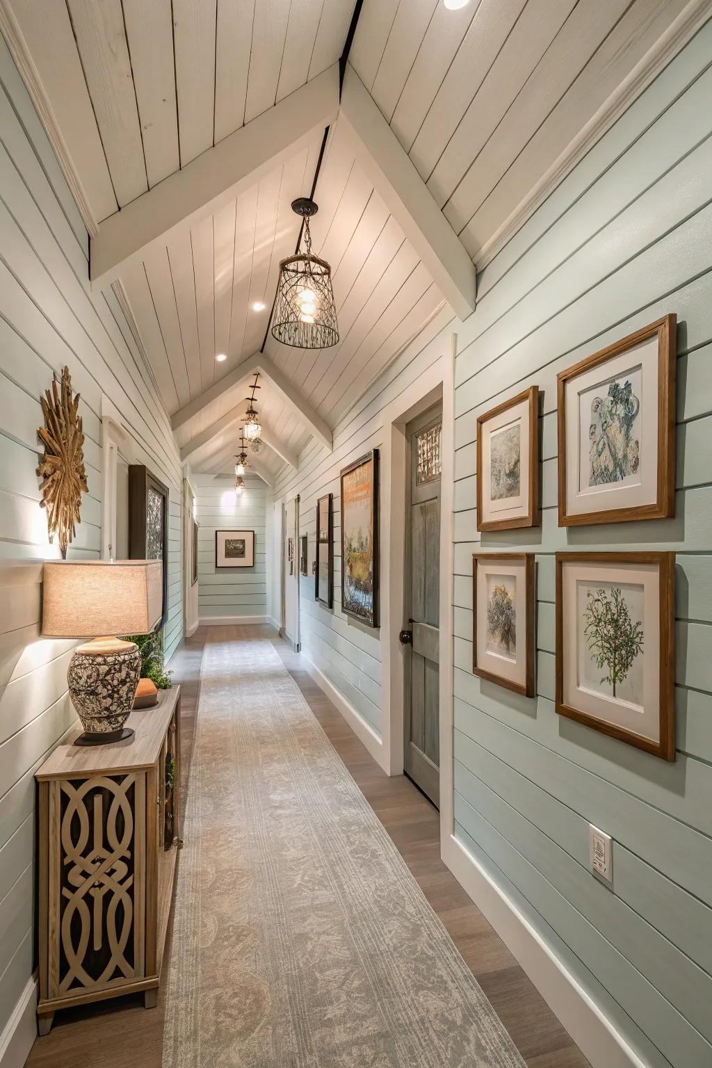 Consistent harmony achieved with plank work extending from the ceiling to the walls.