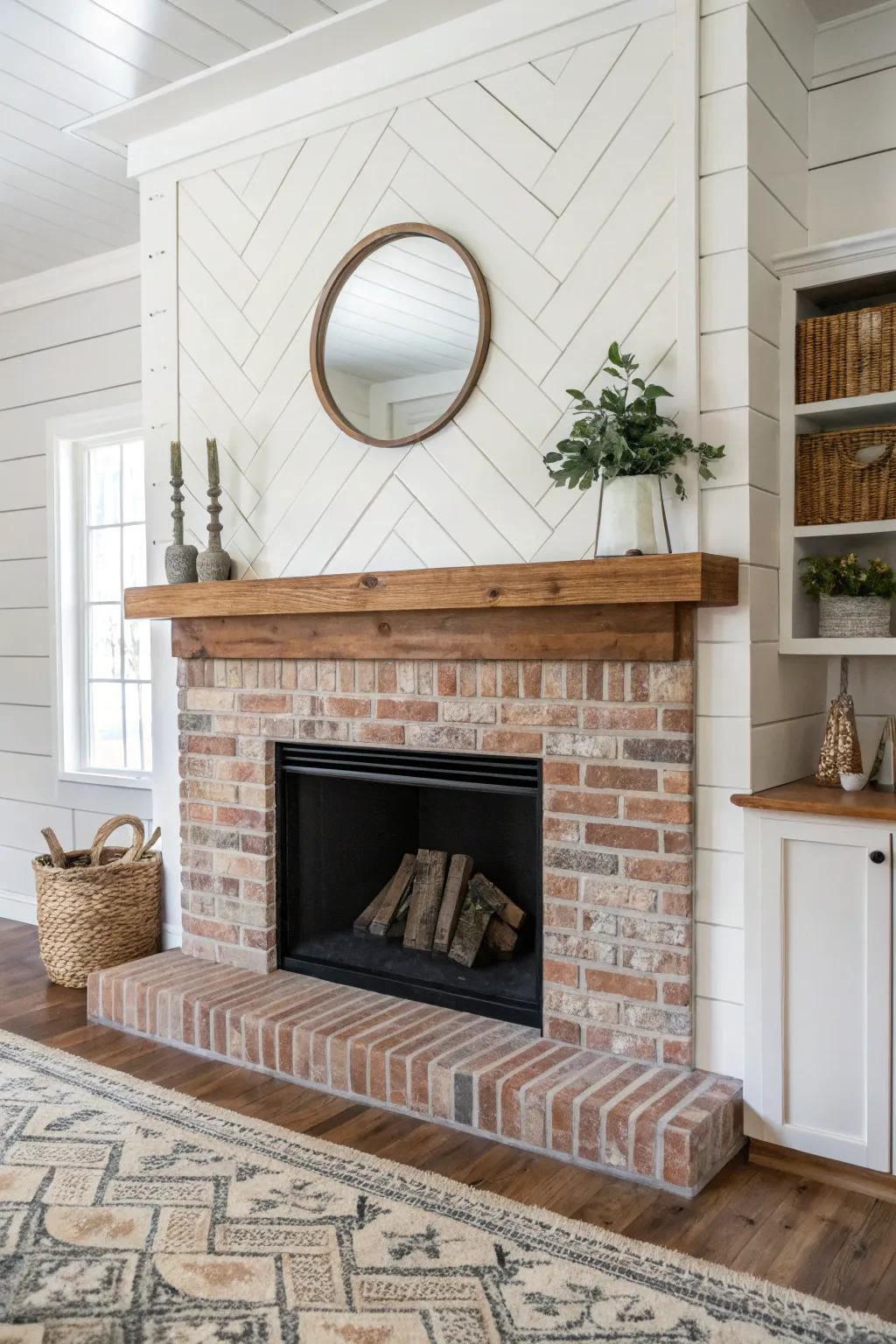 A blend of shiplap and brick enriches the fireplace's depth and texture.