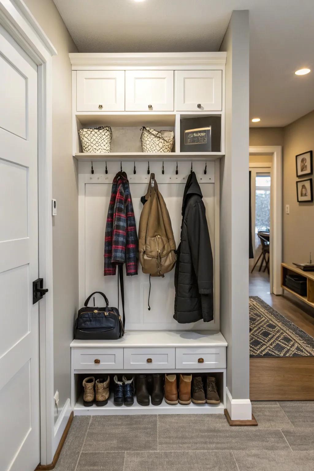 A versatile shoe cabinet with hooks for extra organization.