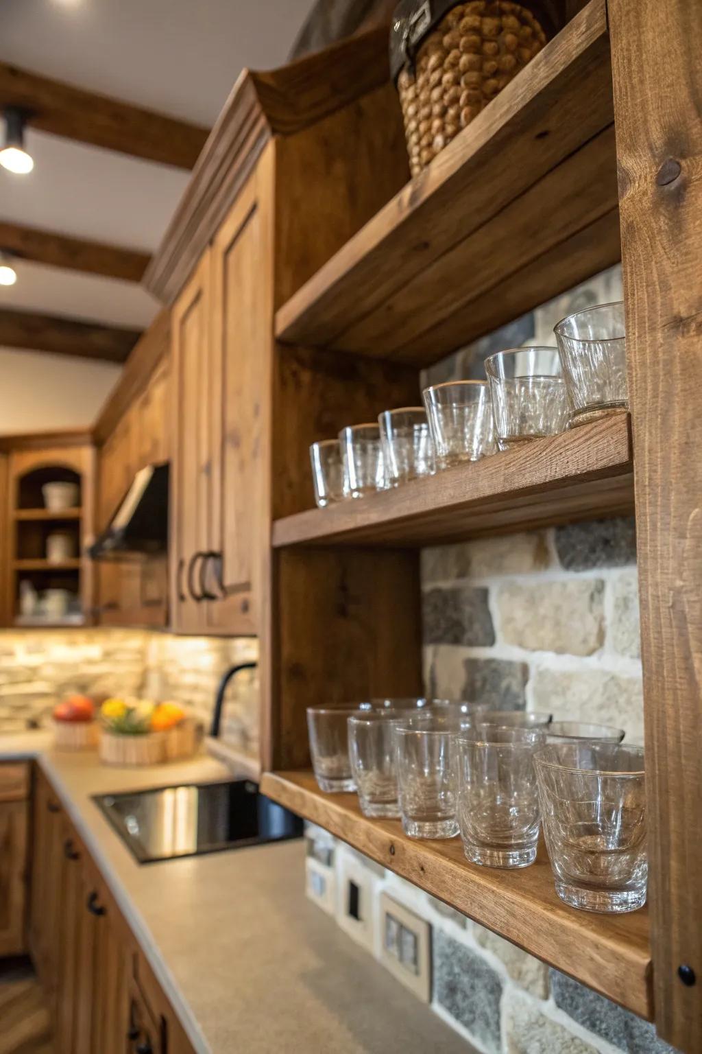 A farmhouse-inspired culinary space showcasing a homespun lumber platform embellished with commemorative glasses.