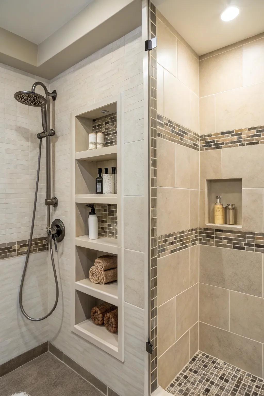 A shower enhanced with custom recessed nooks and sleek shelving units.