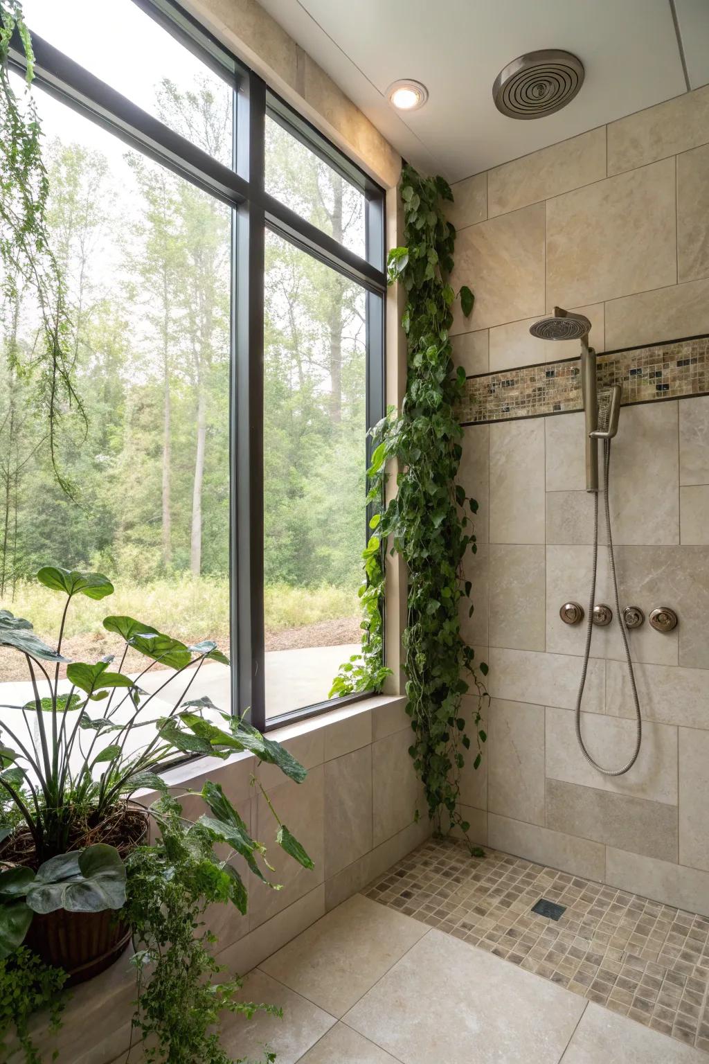 Sunlight streams into this shower, establishing a serene and airy atmosphere.
