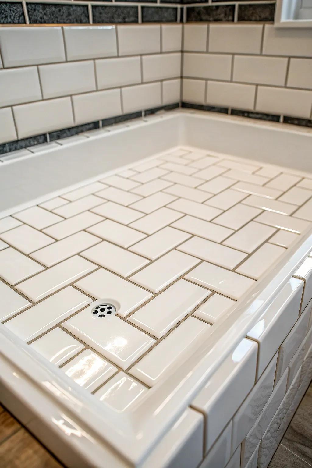 Timeless white rectangle tiles adorn a shower base, delivering a classic and pristine aesthetic.