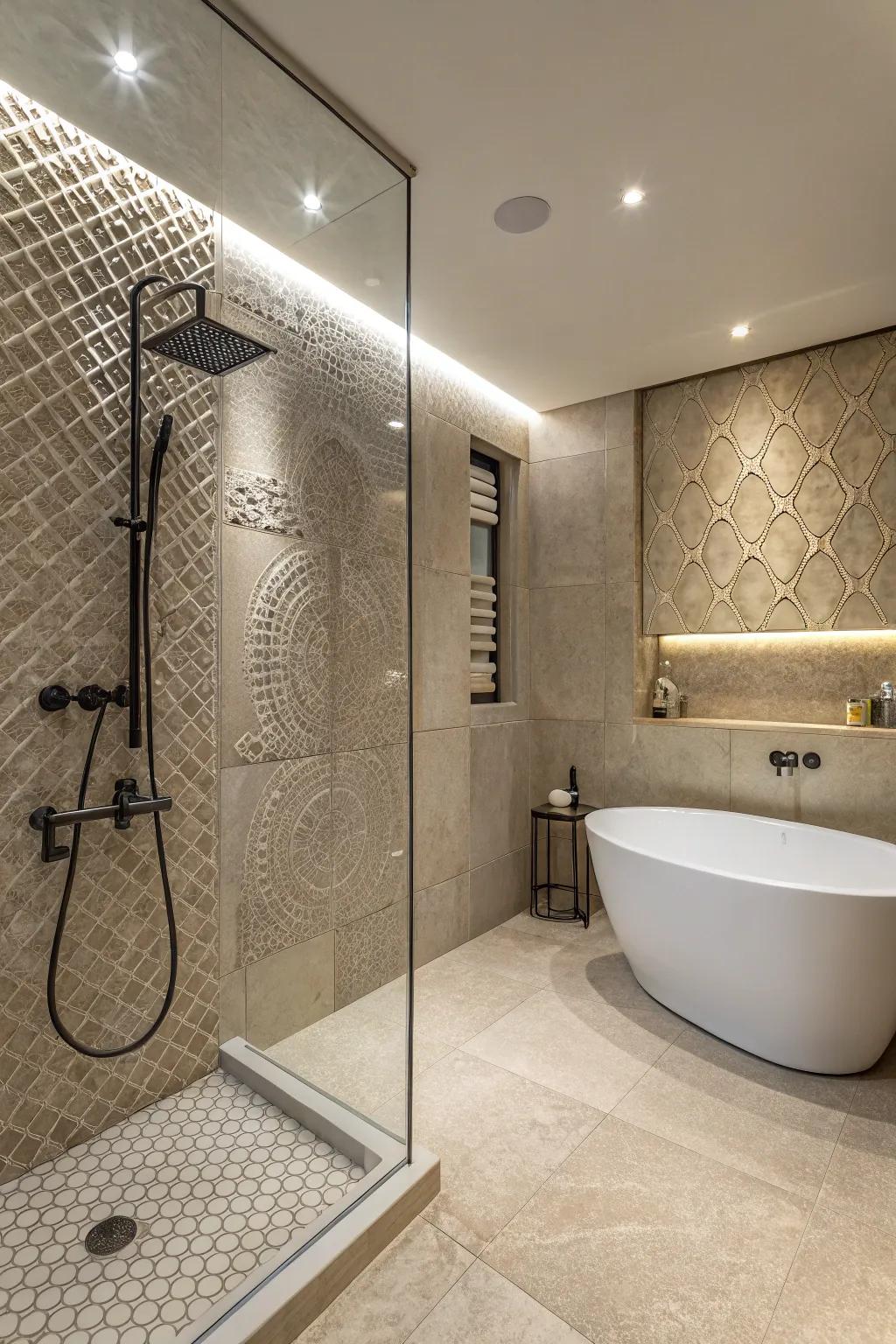 A luxurious shower room featuring rough bricks for added depth.