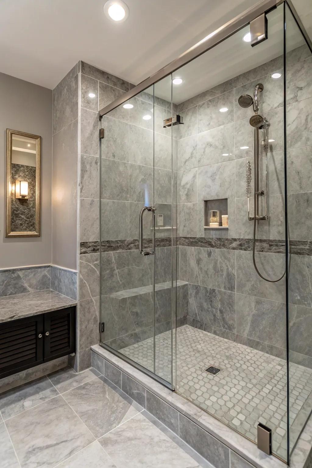 Deluxe pewter tone marbleized facade within a bathing space.