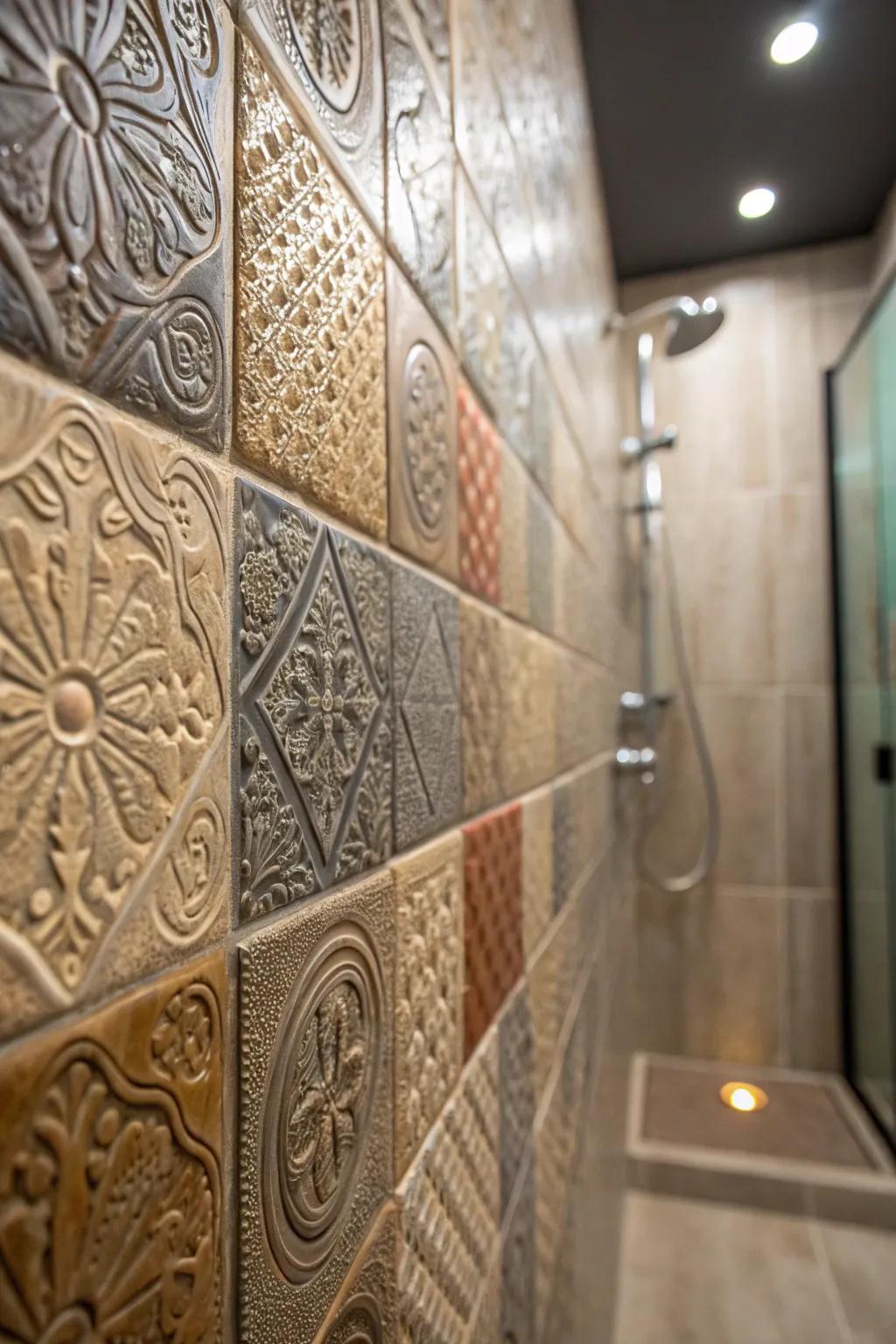 Sculpted tiles contribute dimension and a tactile sensation to the shower.
