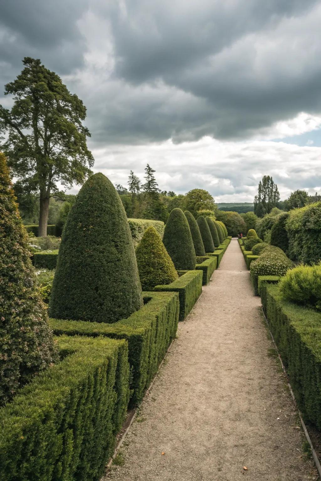 Sculpted formal hedges provide structure and elegance to the garden.