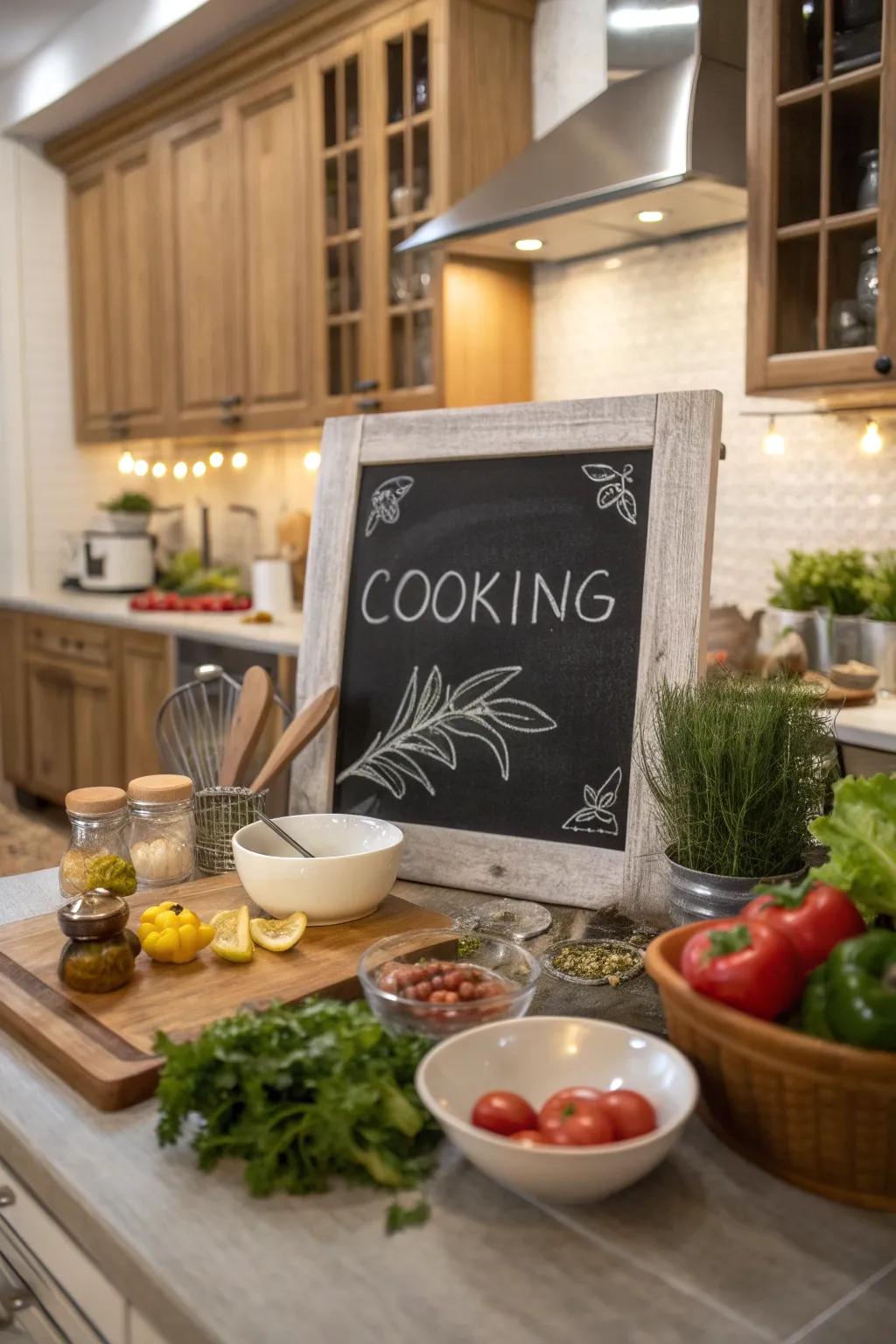 Kitchen chalkboard featuring a quote on the act of cooking with affection.