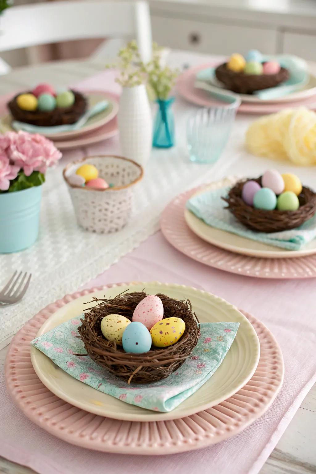 Small egg nests infuse a rustic charm to each place setting.