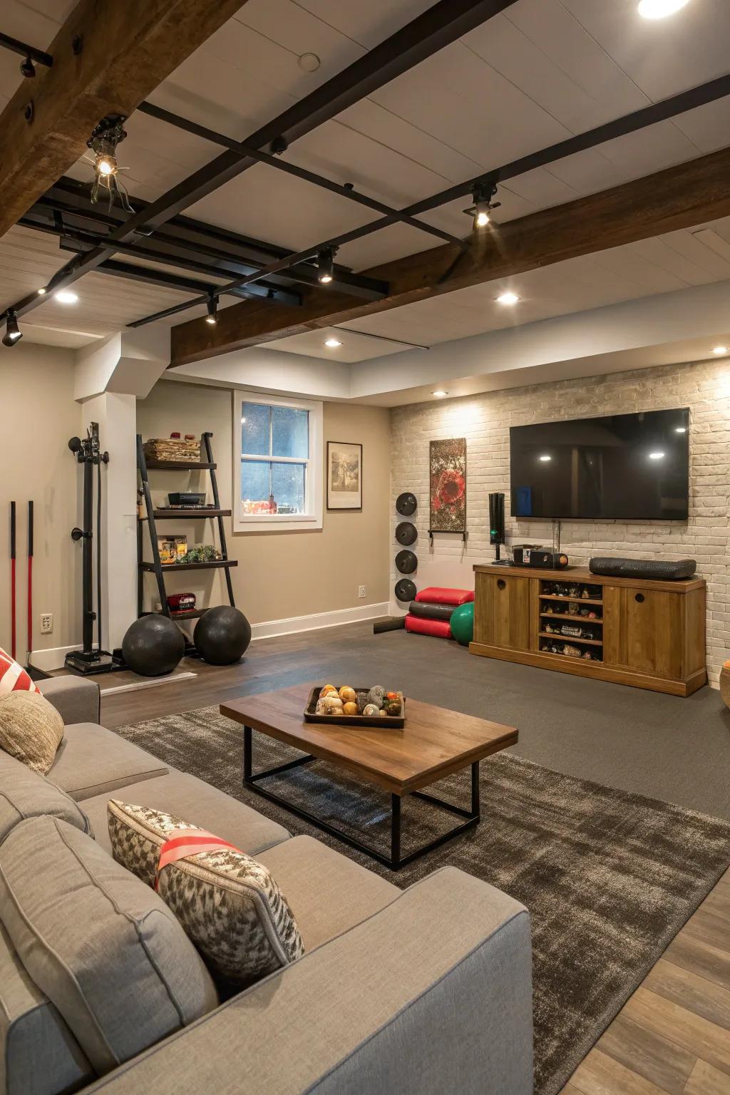 A practical arrangement creates a versatile basement space.