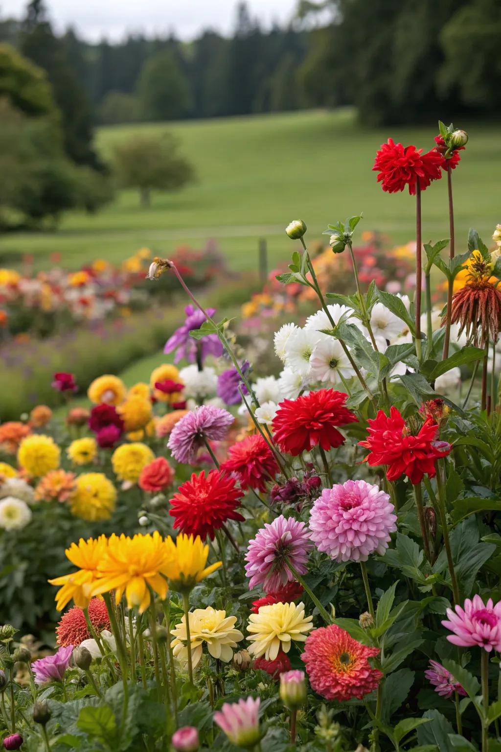A vibrant array of chromatic flowers renders this flower bed a cheerful vista.
