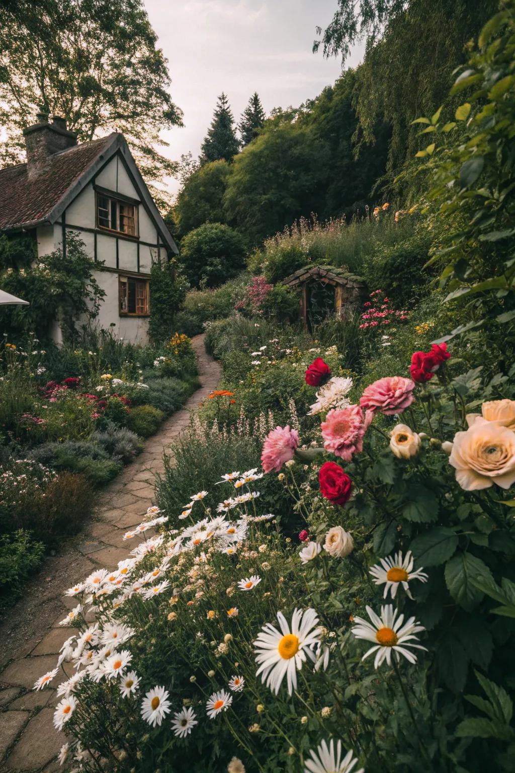 A cozy cottage-style garden blooming with diverse flowers.