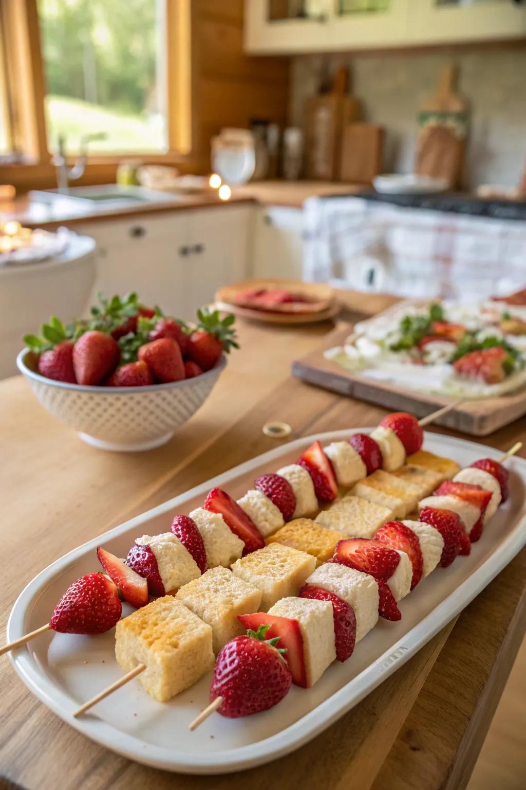 Delicious strawberry shortcake skewers, ideal for a sweet treat.