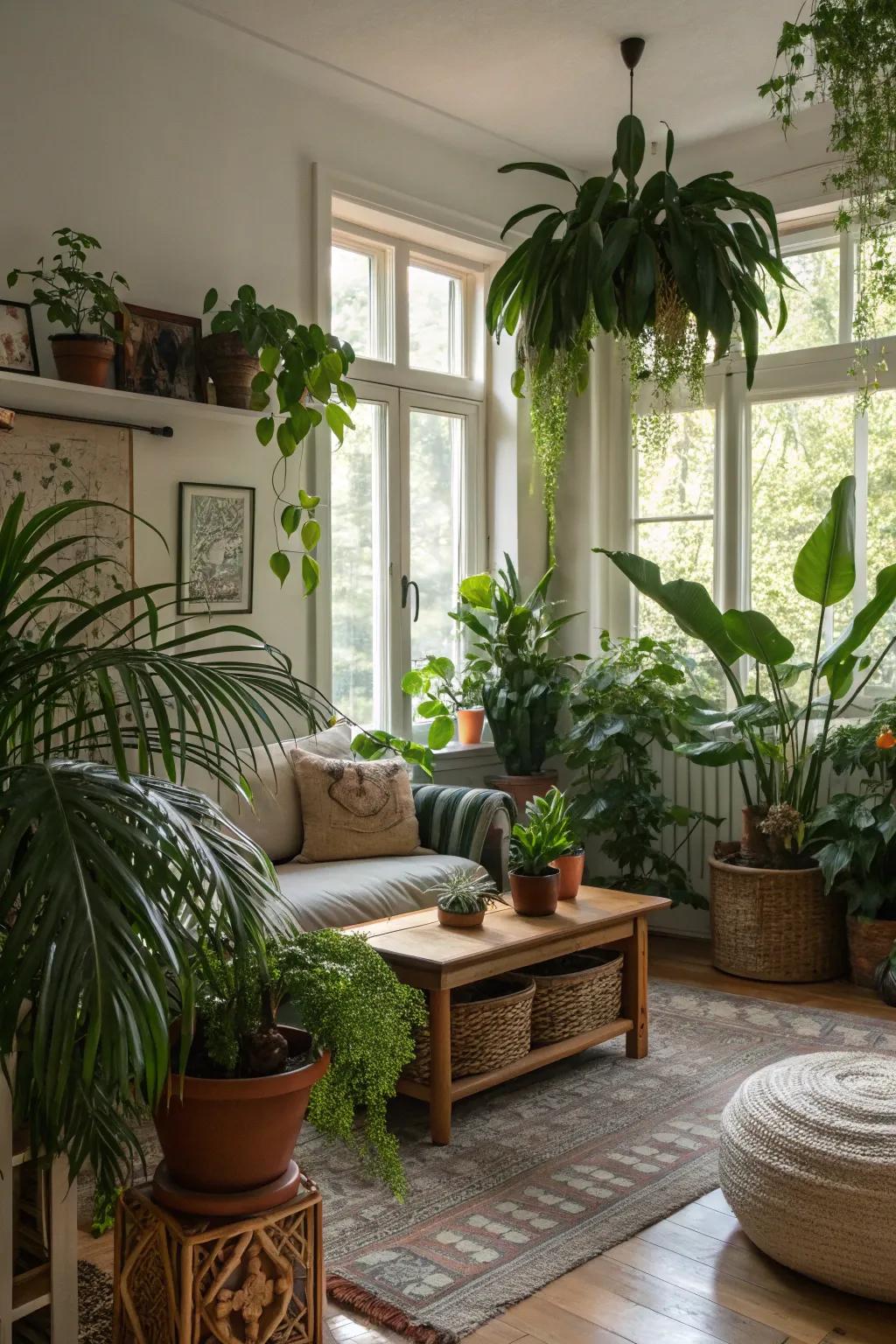 Greenery introduces freshness and vitality to the living area.