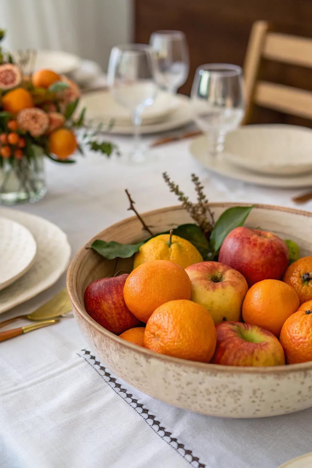 The table is given color and freshness by seasonal fruits.