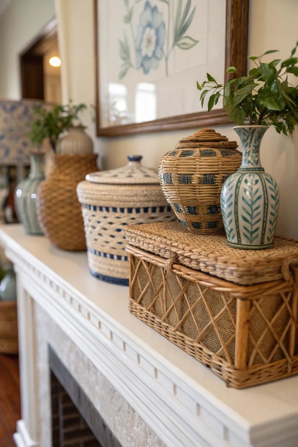 Layered textures contribute a sumptuous visual depth to this everyday mantel.