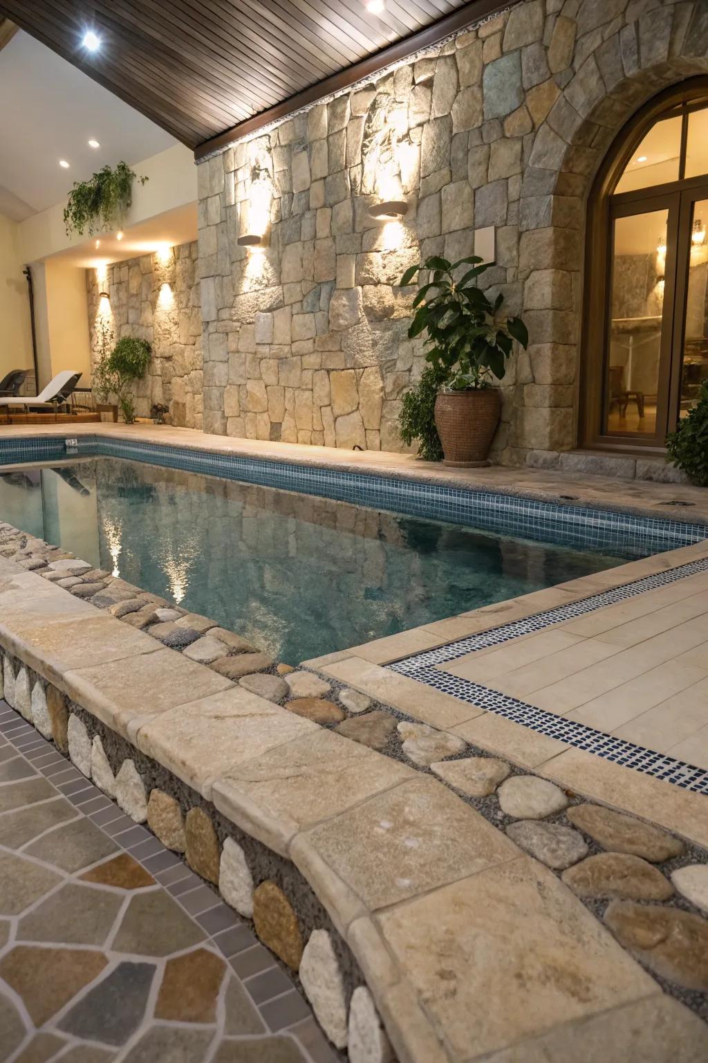 Stone and tile features adding polish to the poolside zone.