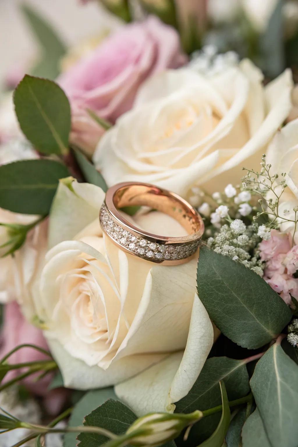 A romantic blush gold circle set against a delicate floral scene.
