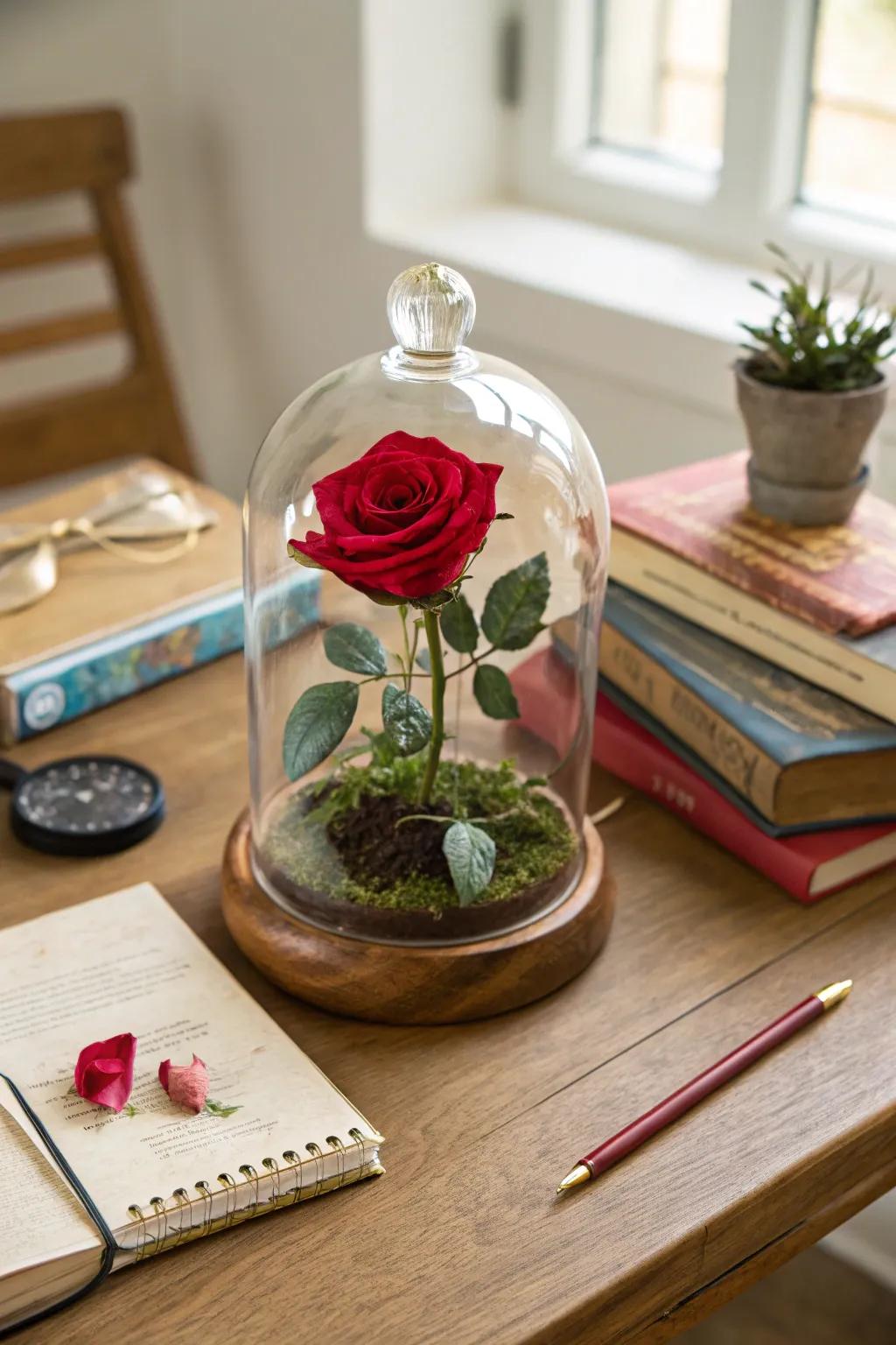 An ecosystem offers a unique display setting for a single rose.