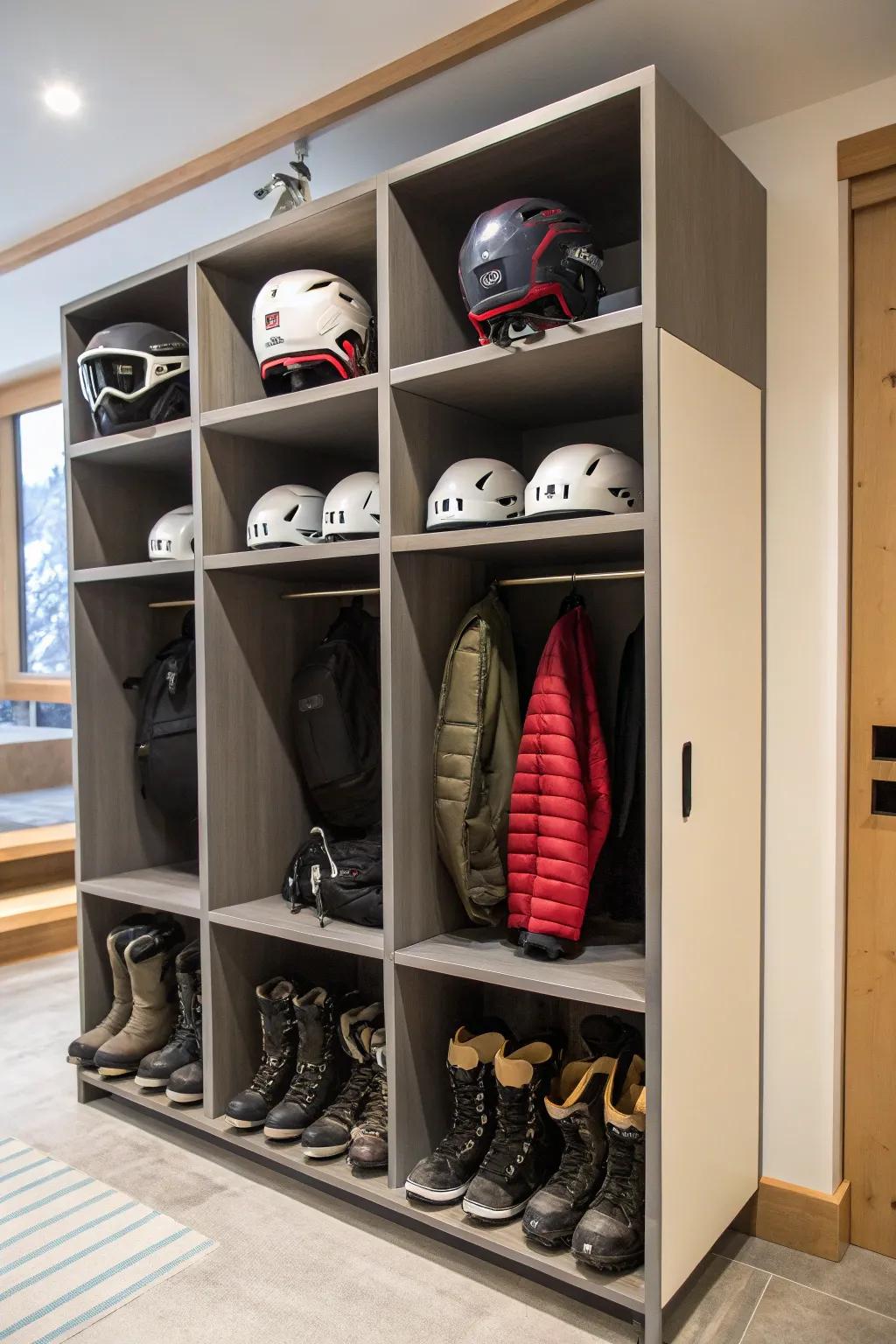 Multi-use storage maintains neatness and accessibility for all ski equipment.