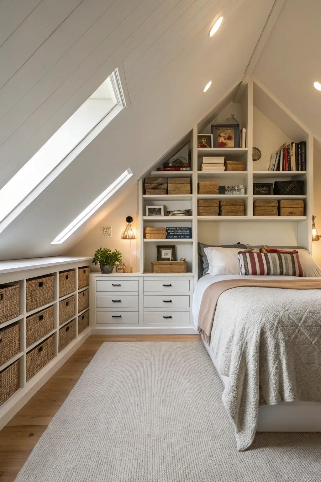 Under the sloping ceiling, there is neatly placed integrated storage.